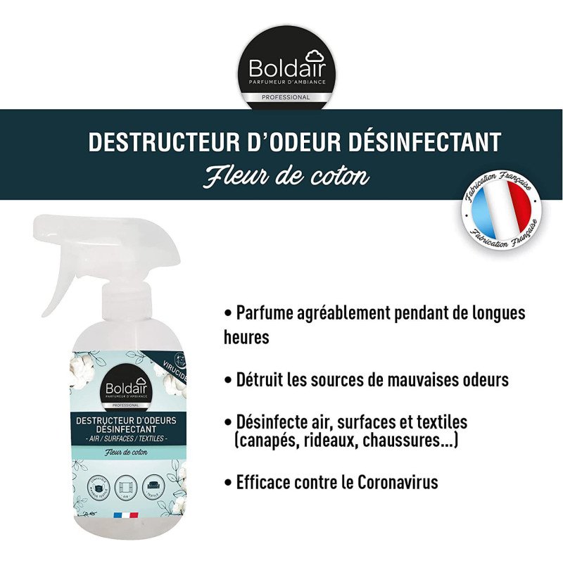Destructeur d'odeurs désinfectant Boldair Fleur de coton - Spray 500 ml
