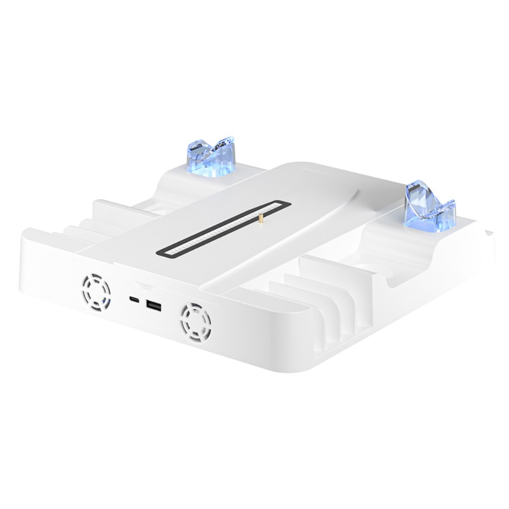 Sony PlayStation PS5 Slim Halterung mit aktivem Lüfter und Controller Dual Ladestation   Disk Ständer - Weiss