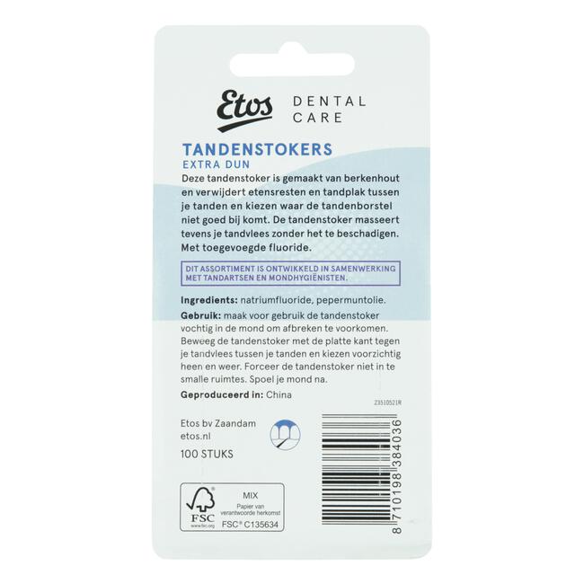 Etos Dental Care Houten Tandenstokers Extra Dun 100 stuks