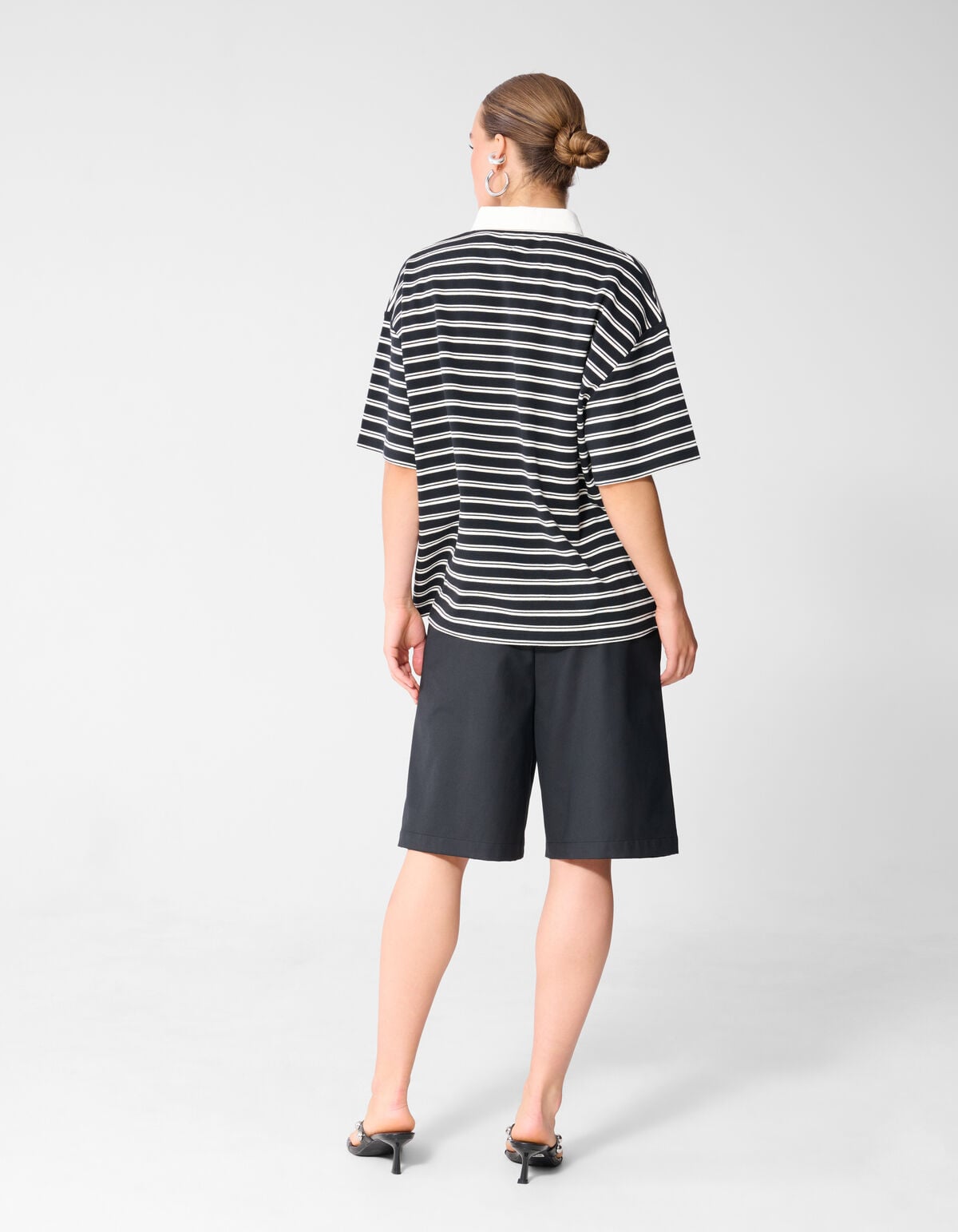 Oversized Stripe Short Sleeve Polo Zwart
