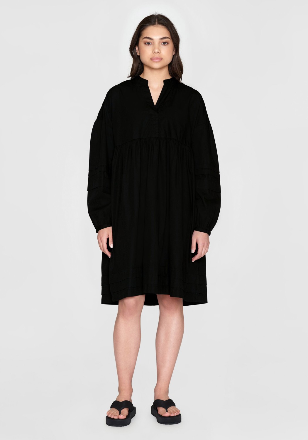 Knowledge Cotton Apparel Kleid A-Shape Fold Detils Poplin Dress Black Jet