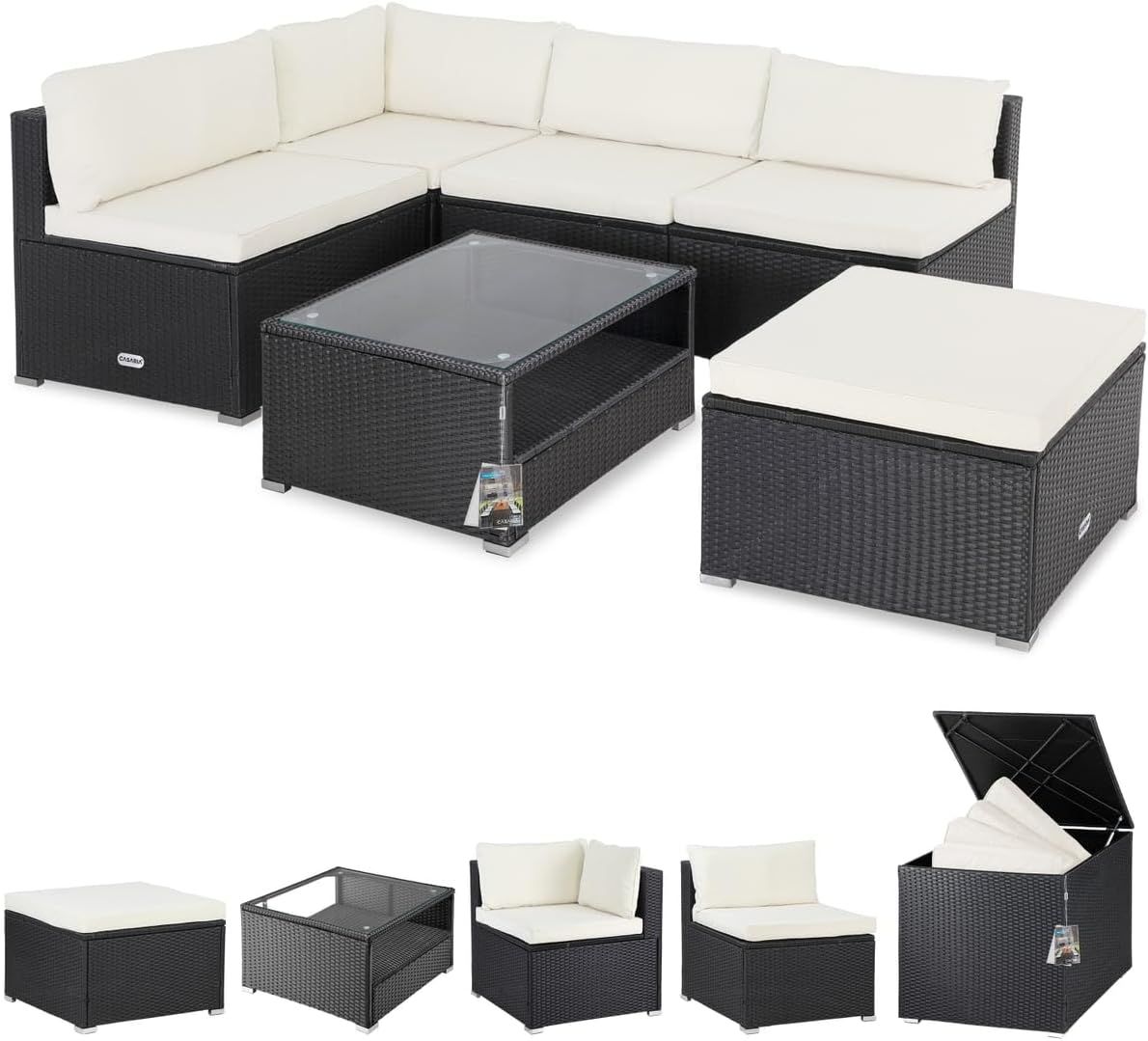 Casaria® Gartenmöbel Set Lounge inkl. Auflagenbox 318L Outdoor mit Tisch Auflagen Sitzgruppe Wetterfest Polyrattan Terrasse Garten Balkonmöbel Schwarz Creme