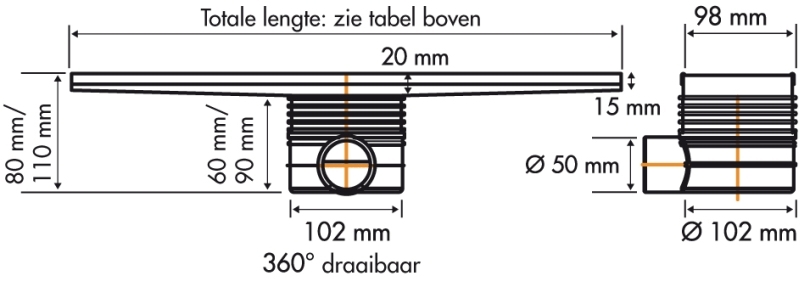Easy Drain Multi inbouwdeel zonder rooster met zijuitloop 9.8x80cm m. 30/35/50mm waterslot