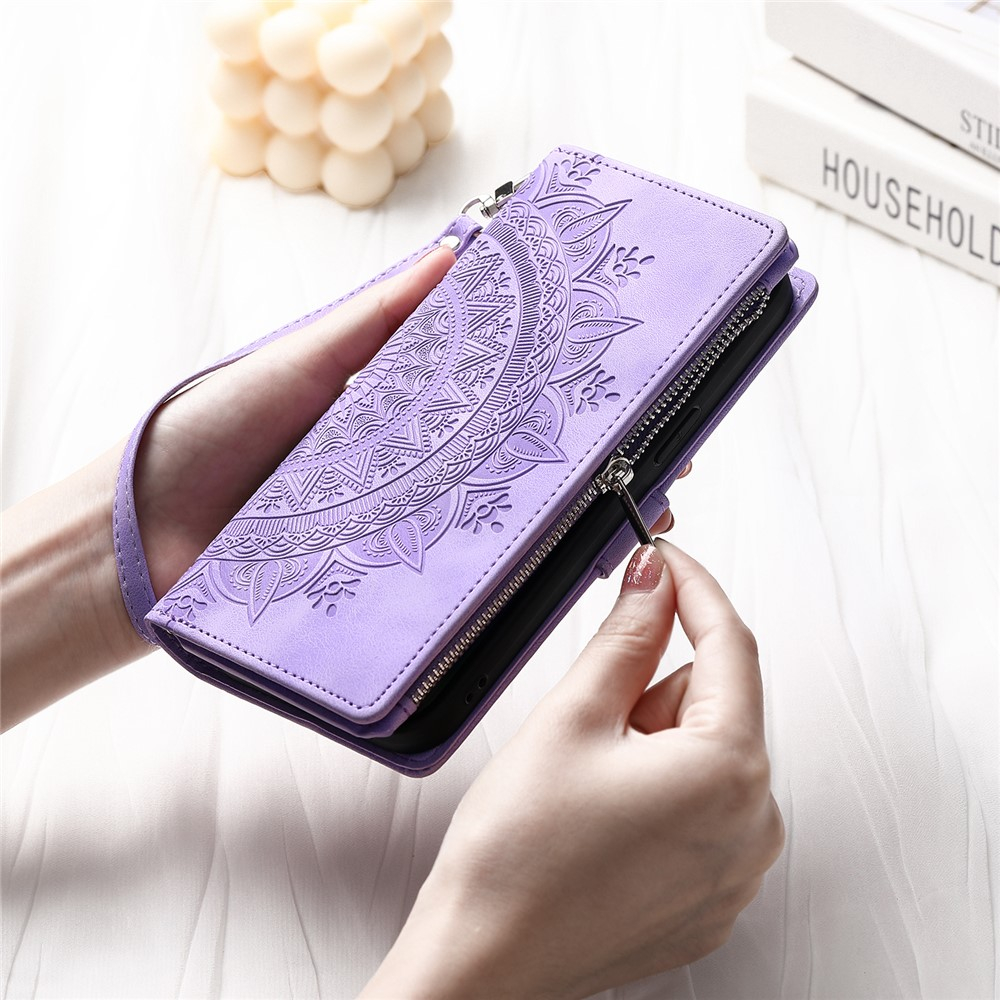 Samsung Galaxy A26 / A17 Leder Tasche Flip Cover mit Reissverschluss - Mandala Flowers Imprint - Lila