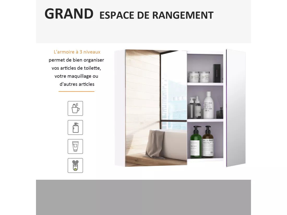 Armoire miroir murale de salle de bain 3 étagères réglables dim. 70L x 60H cm blanc