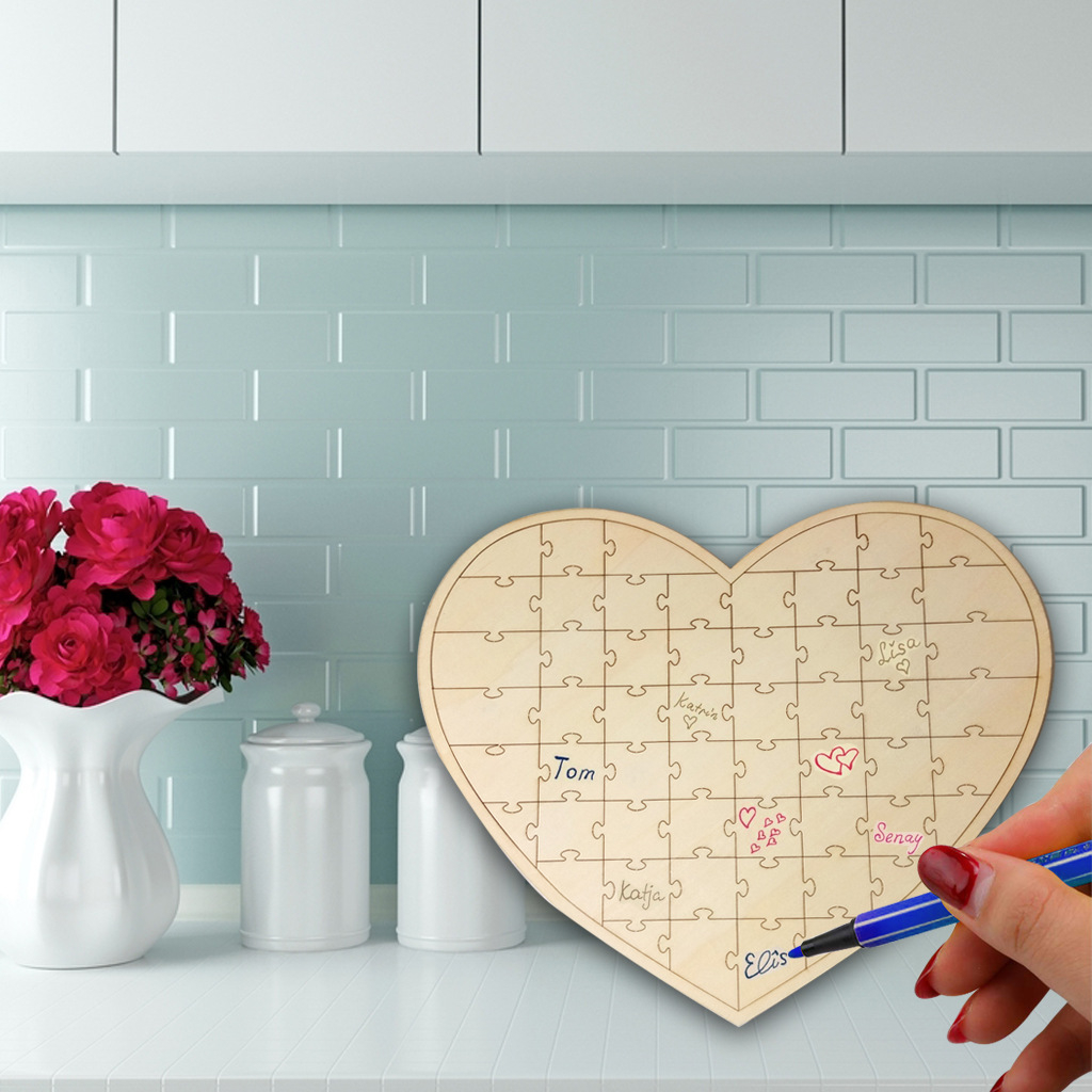 (470x440mm) Echtholz Hochzeits Gästebuch DIY Herz Guest Book Puzzle - 56 Gäste