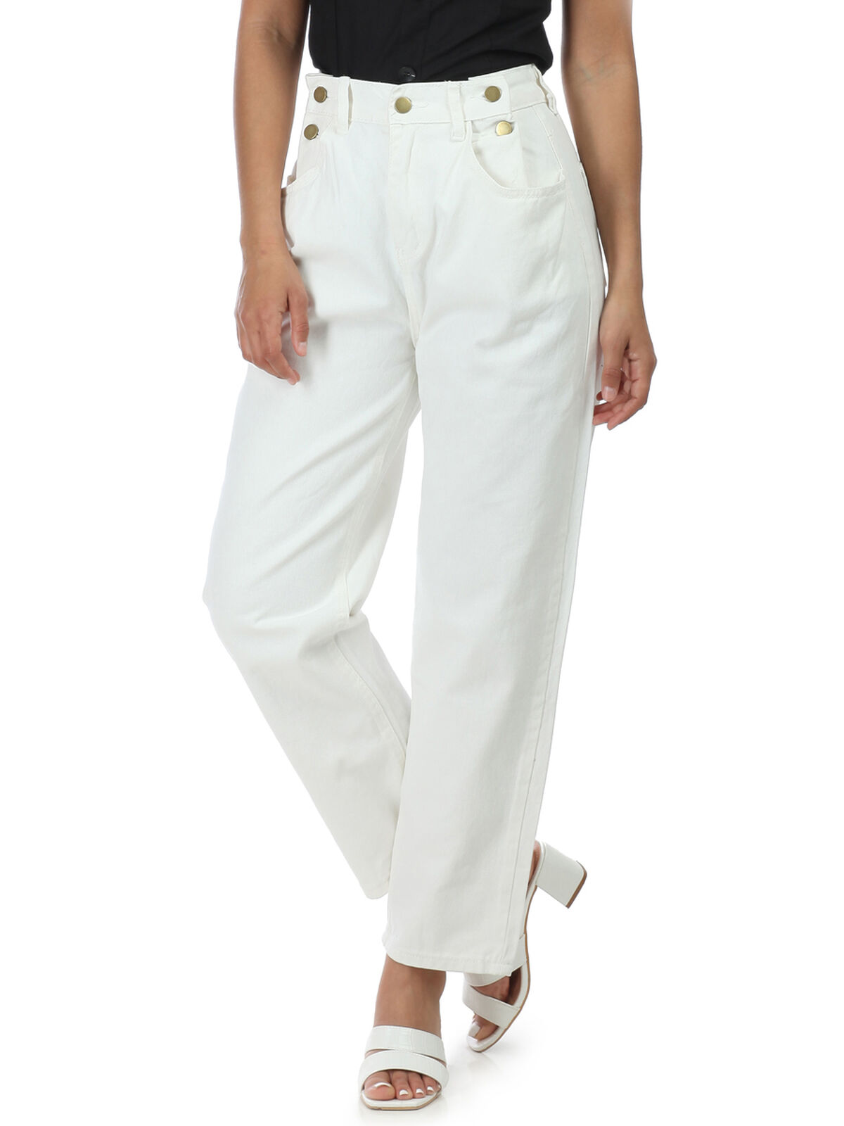 Jeans ample à boutons- Blanc