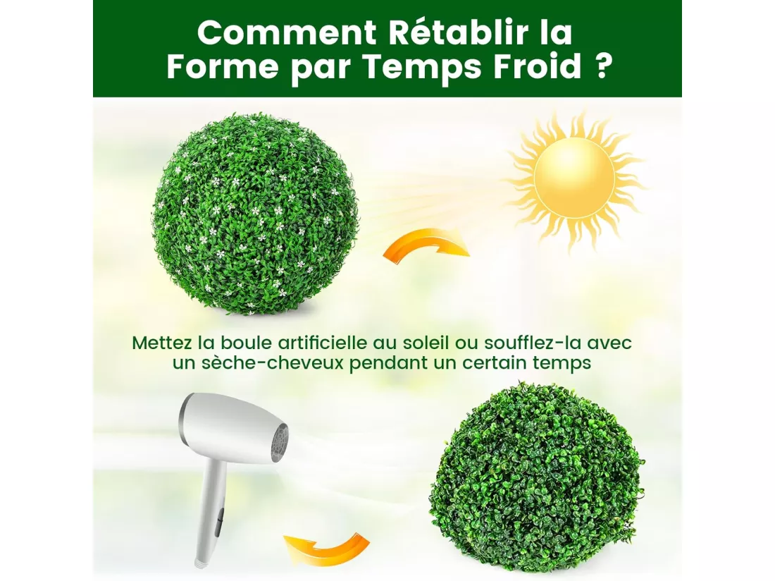 2 Boules de Houx Artificielles 49 cm Résistantes aux UV, Plantes en Boules de Buis avec Fleurs Blanches, Décoratives pour Intérieur Extérieur de Porche Balcon Jardin