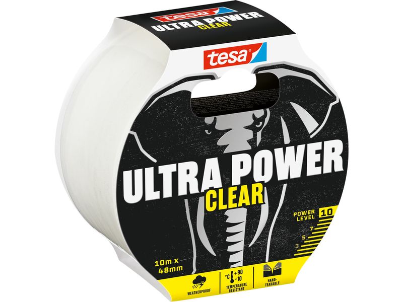 tesa Gewebeband Ultra Power Clear, 10 m x 48 mm Transparentes Reparaturband für unsichtbare und unauffällige Reparaturen