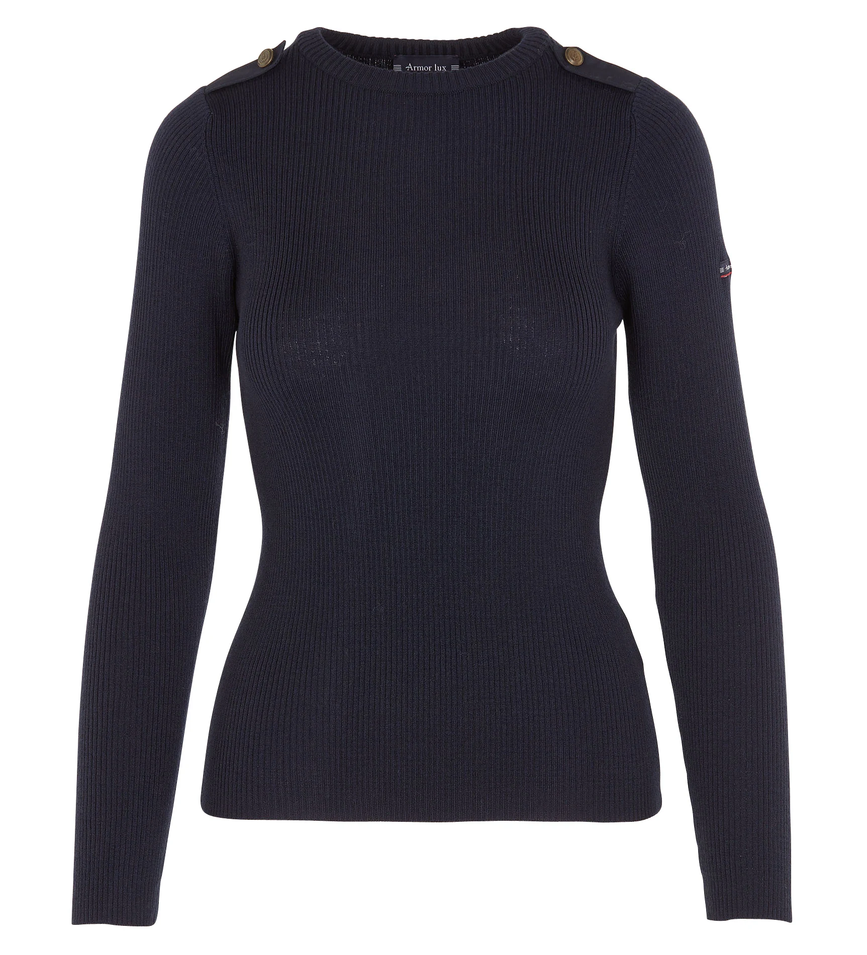 Pull col rond moulant en laine côtelée | Bleu