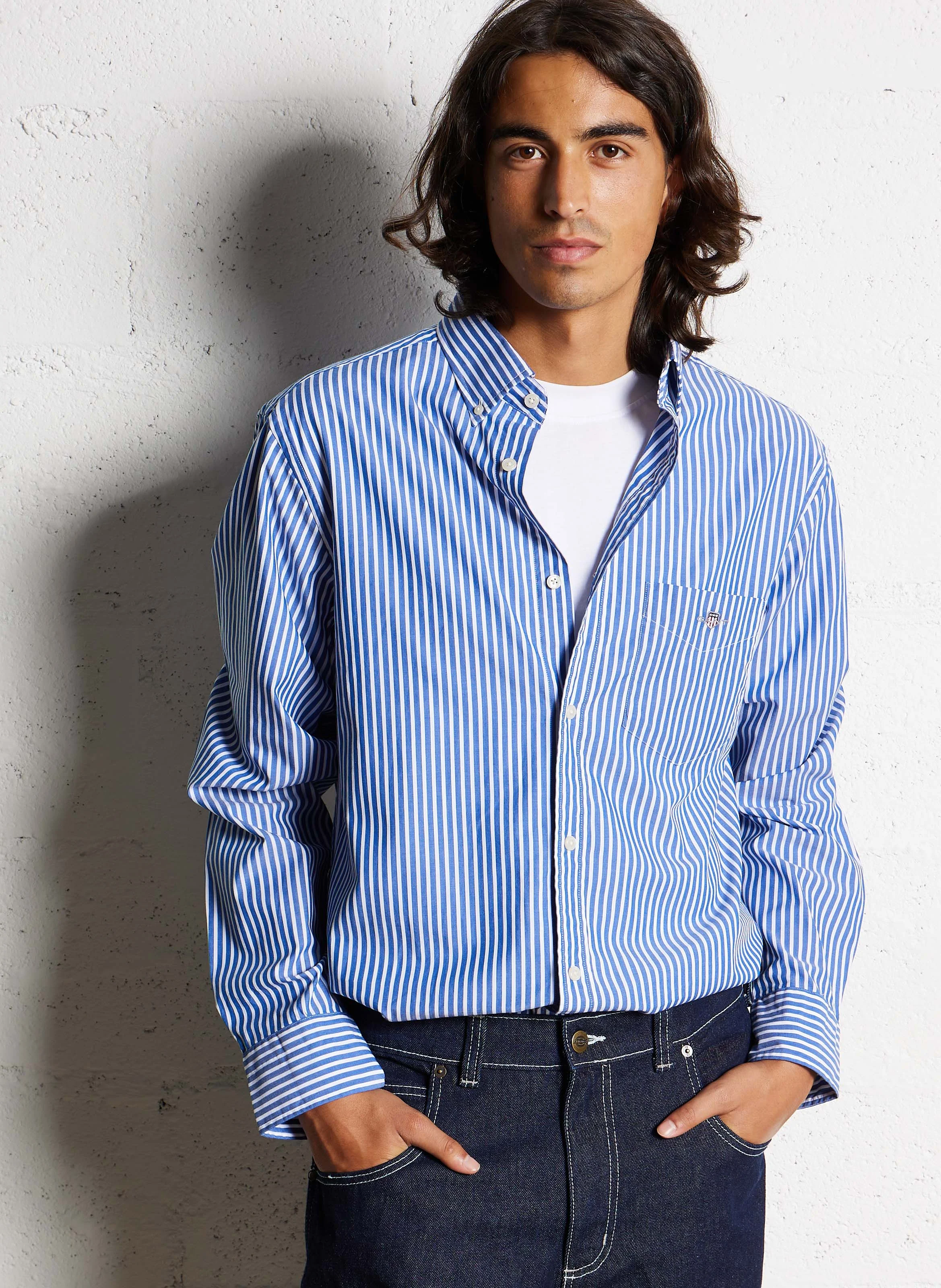 Chemise regular rayée en coton| Bleu
