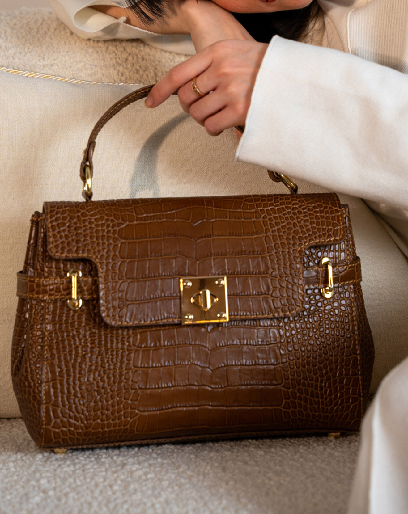 Christian Laurier Sac à main en Cuir croco Swan camel - 28x20x11 cm