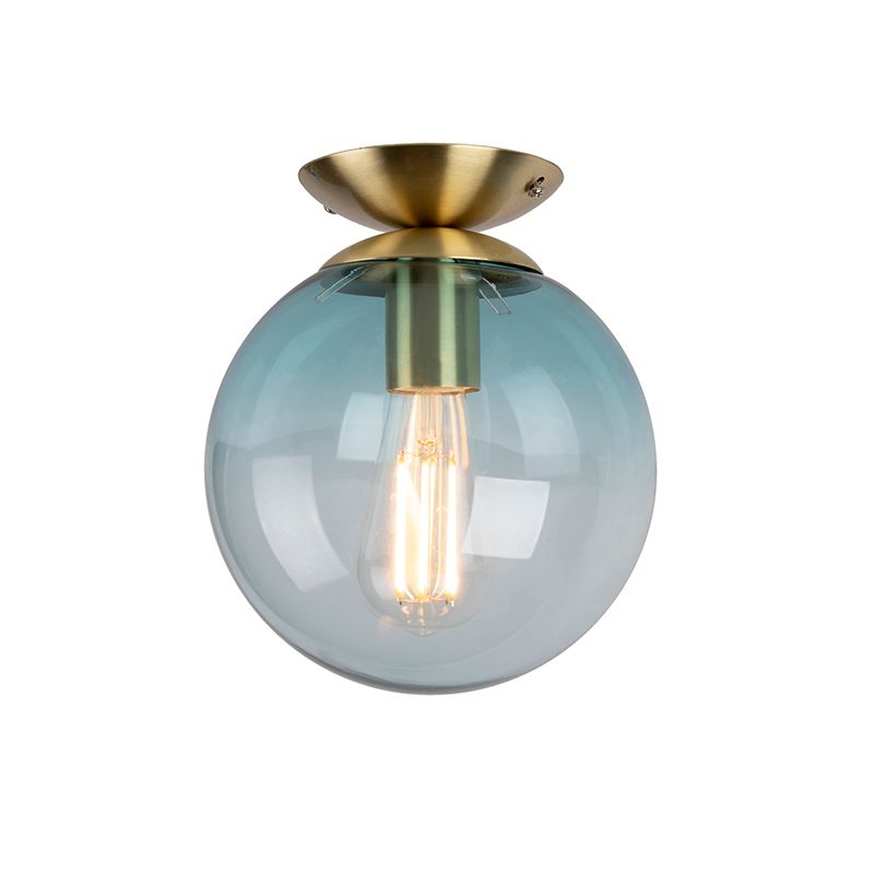 Art Deco plafondlamp messing met blauw glas - Pallon