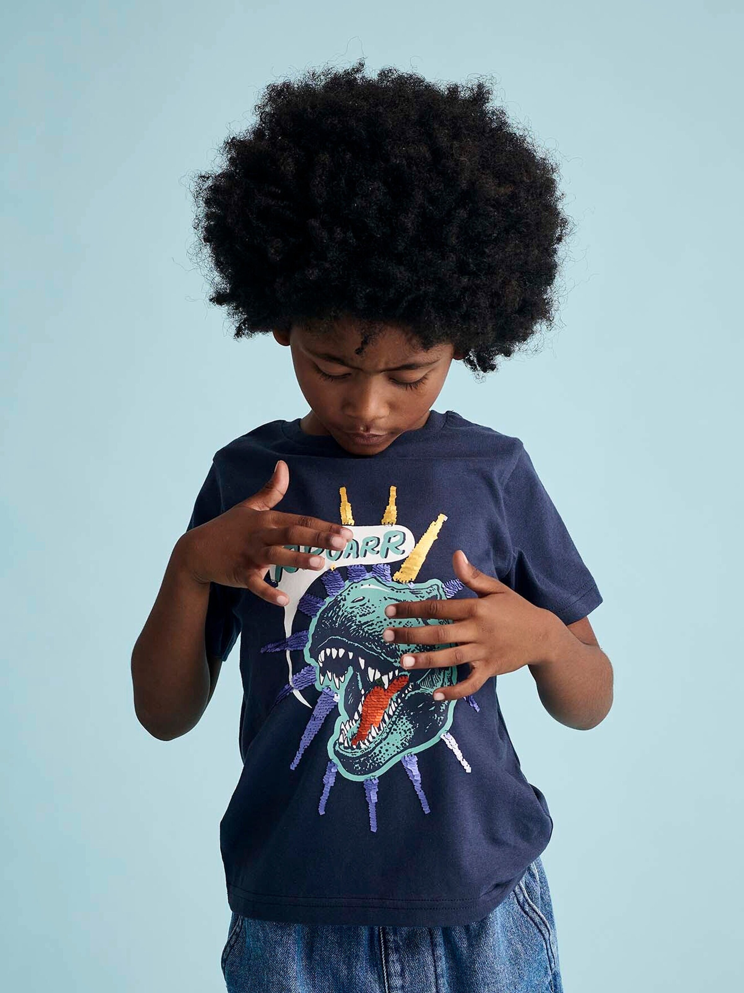 Vertbaudet Jungen T-Shirt mit Wende-Pailletten nachtblau