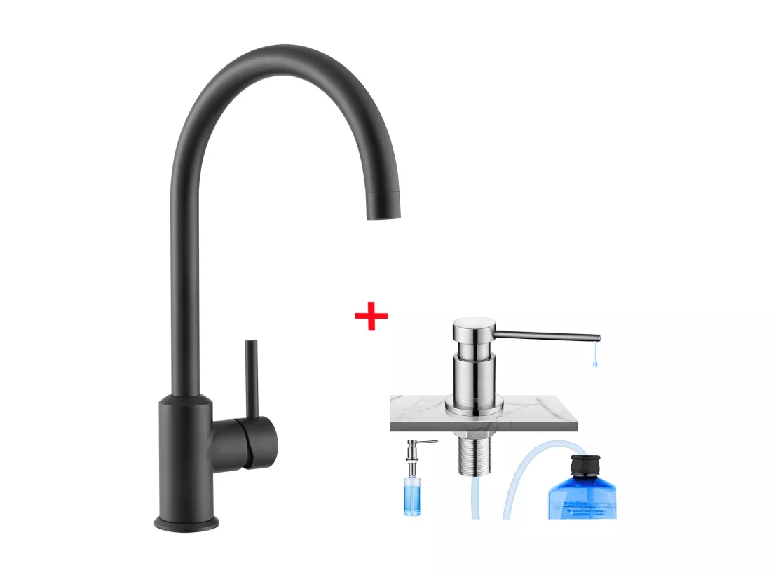 Cecipa max Mitigeur de Cuisine, Robinetterie Noir en Acier Inox, Robinet de Cuisine Monocommande + Distributeur de Savon de Cuisine Brossée
