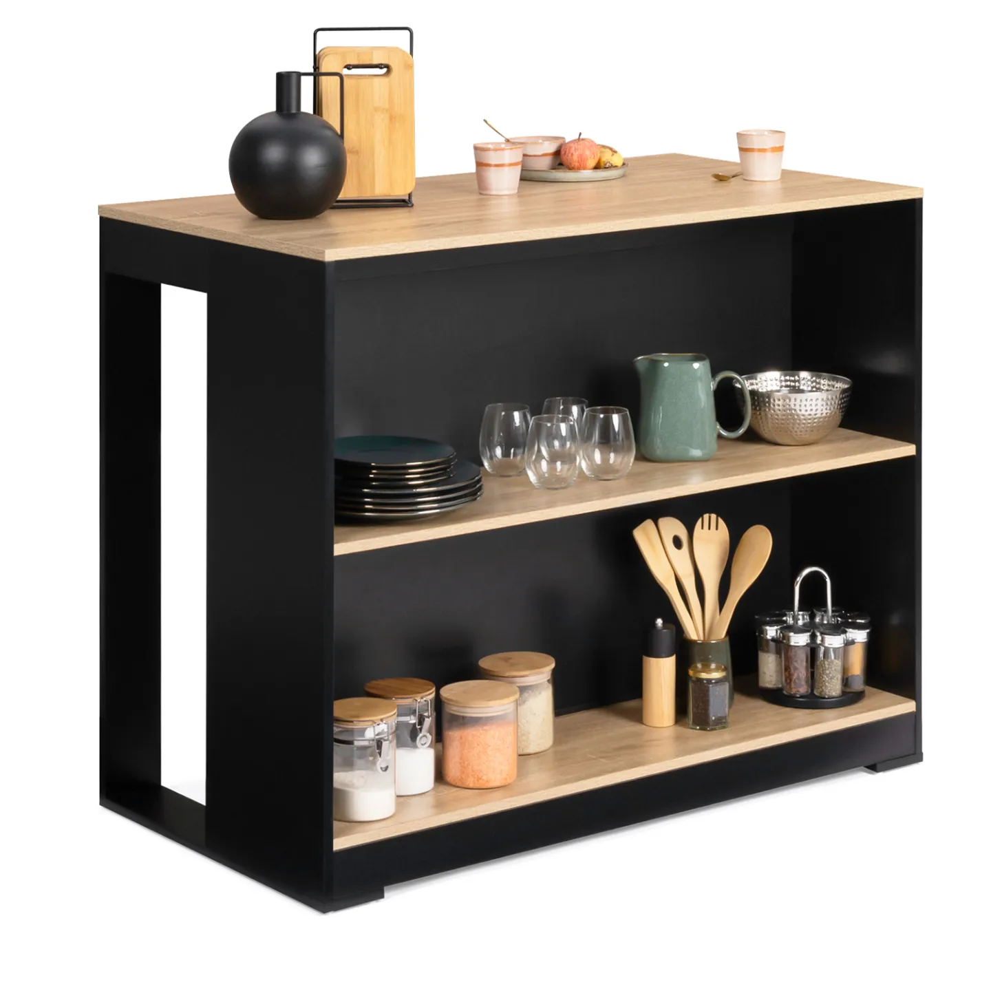 Ensemble table de bar îlot JUNO bois noir avec plateau façon hêtre et 2 tabourets de bar DETROIT