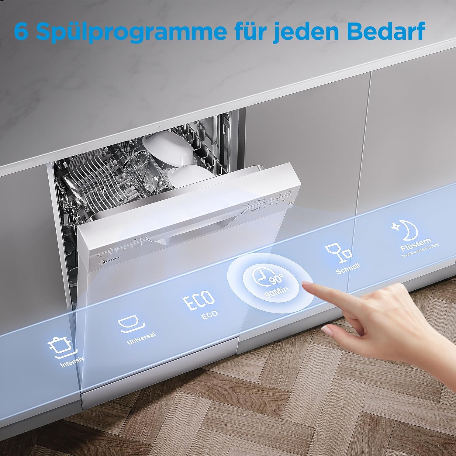 Midea SF 3.45NW PRO Geschirrspüler 45 cm Freistehend und Unterbaufähig, 9 Maßgedecke, Spülmaschine mit WLAN, 5 Programme, Höhenverstellbarer Oberkorb, 47 dB, Weiß