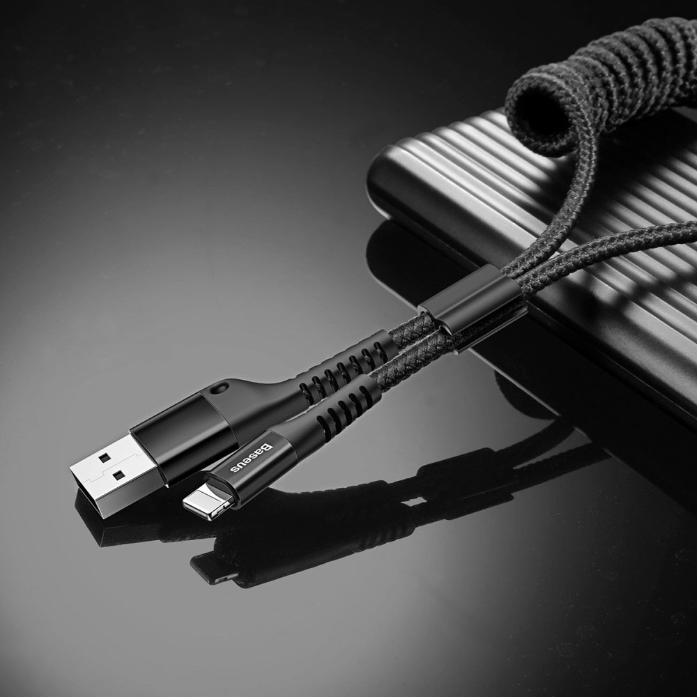 (bis 1m) 2A USB A auf Lightning Spiral Ladekabel Flexibles Datenkabel Nylon Geflecht - Schwarz