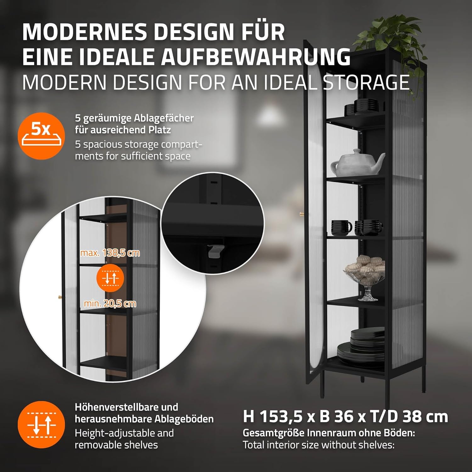 ML-Design Vitrinenschrank 42x175x40 cm, Schwarz, Schmale Vitrine mit 5 Ablagen und 1 Tür, Wohnzimmer Metallschrank aus Stahl, Industrieller Stil, Hochschrank Bücherschrank Aktenschrank Büroschrank