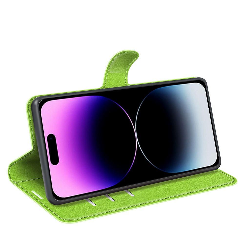 iPhone 15 Pro Max Leder Tasche Flip Cover Litchi Look - Grün