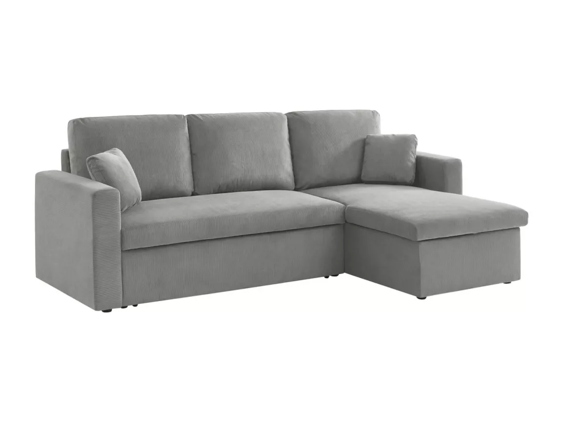 Canapé d'angle convertible en velours côtelé gris clair - IDA - 3 places. fauteuil d'angle réversible coffre rangement lit modulable