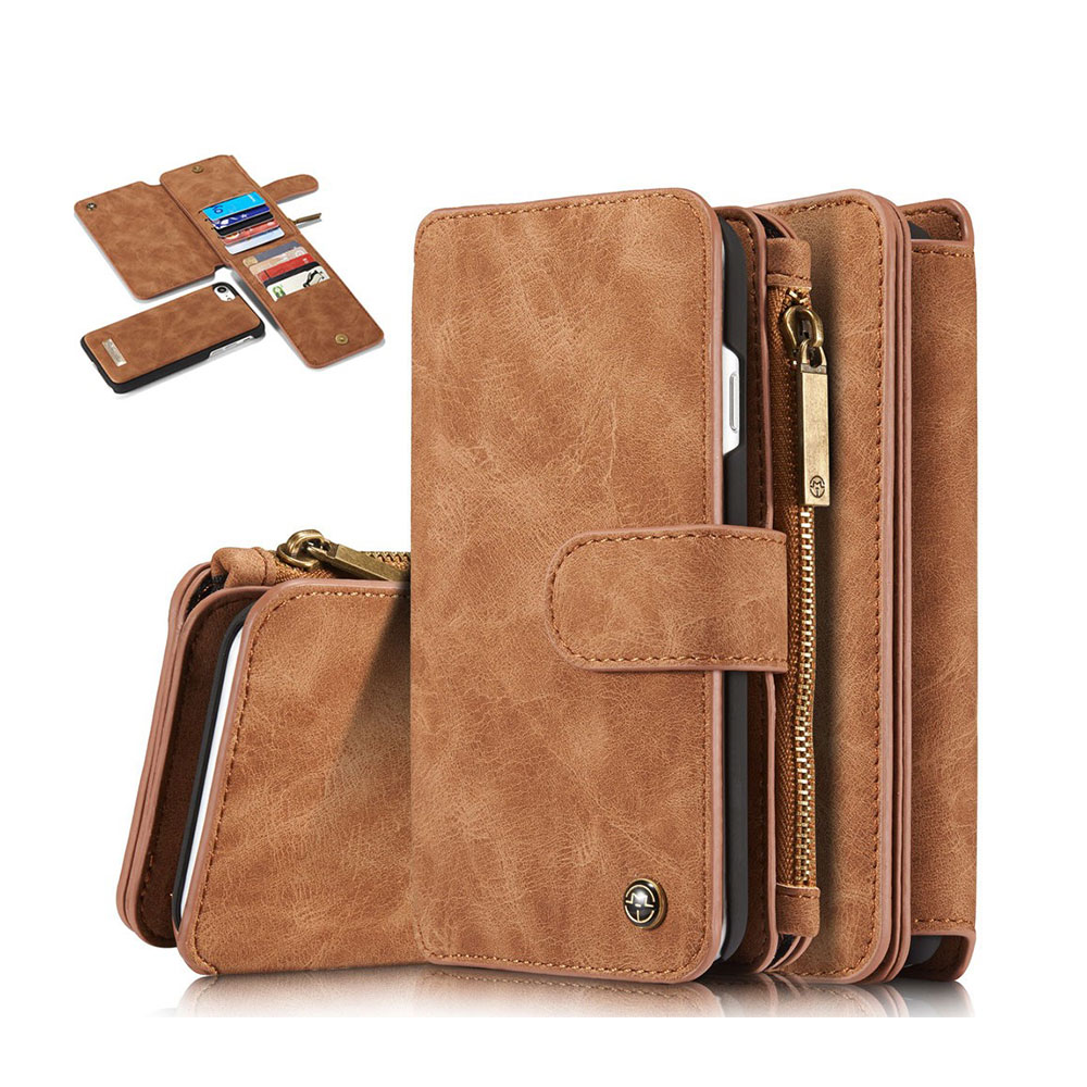 iPhone SE (2022/2020) / 8 / 7 3in1 Leder Tasche   Magnet Hardcase und Karten Etui (Vertikal Ausklappbar) - Hellbraun