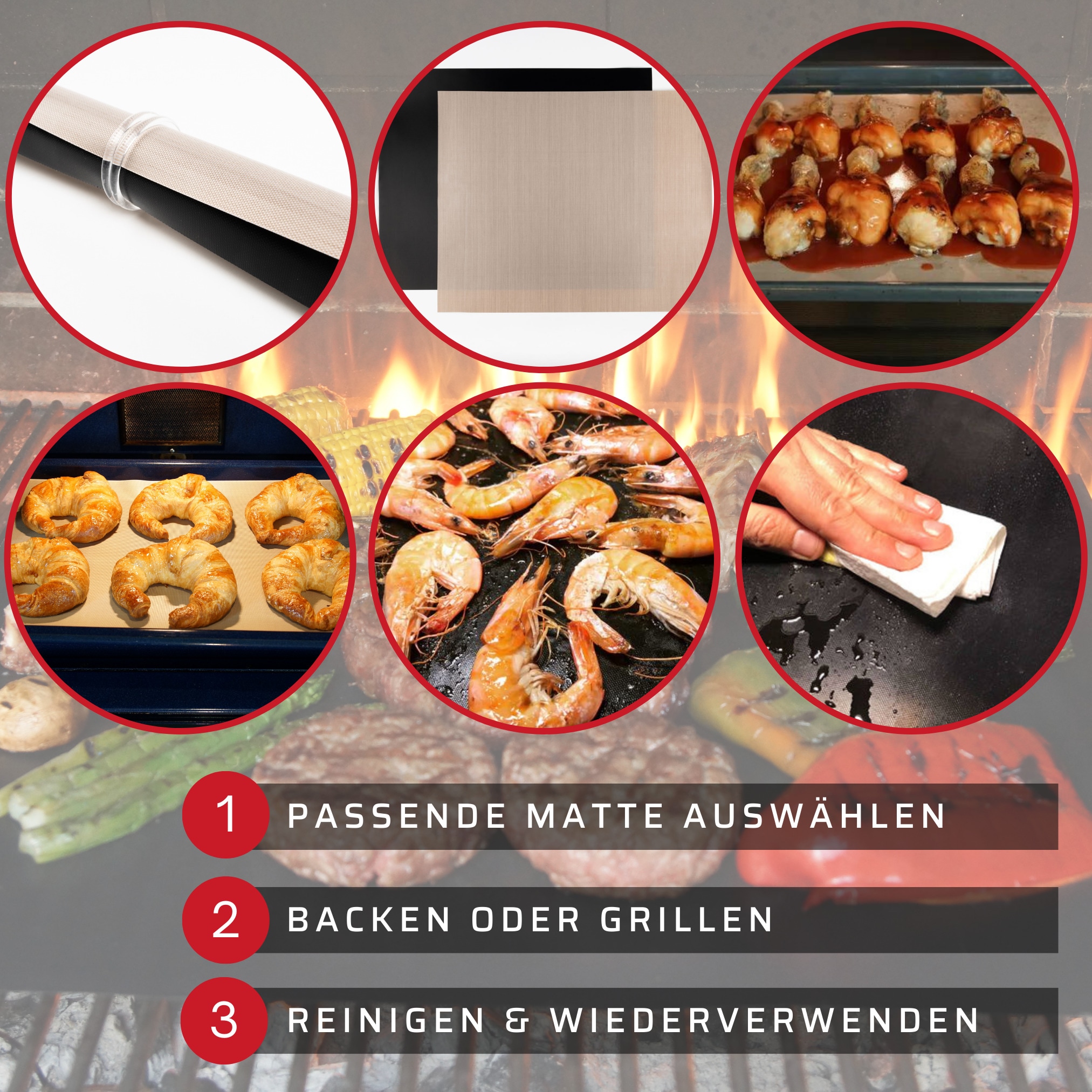 Best Direct® Set wiederverwendbare Backmatte und Grillmatte Handy Roast