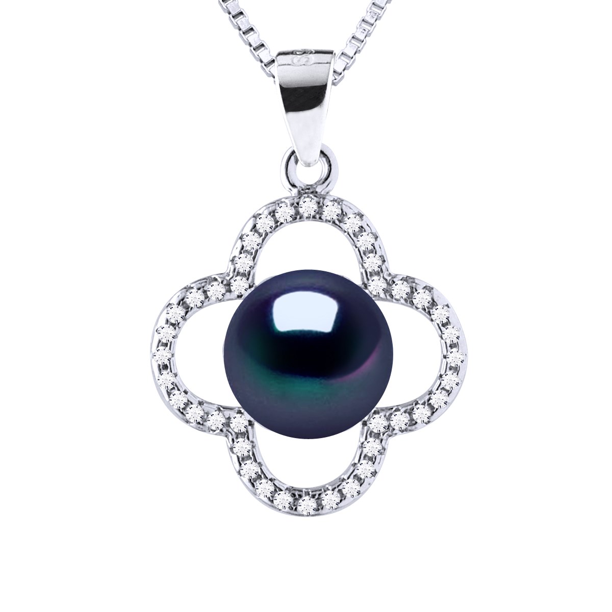 Collier TREFLE Perle d'Eau Douce 9-10 mm Noire Argent 925