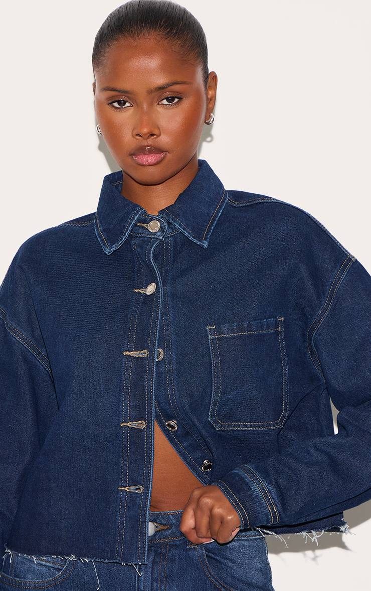 Bleu Indigo Chemise En Denim Raccourcie À Ourlet Brut