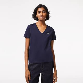 T-shirt à col V loose fit en coton uni T-Shirts - Bleu - Lacoste - Femme