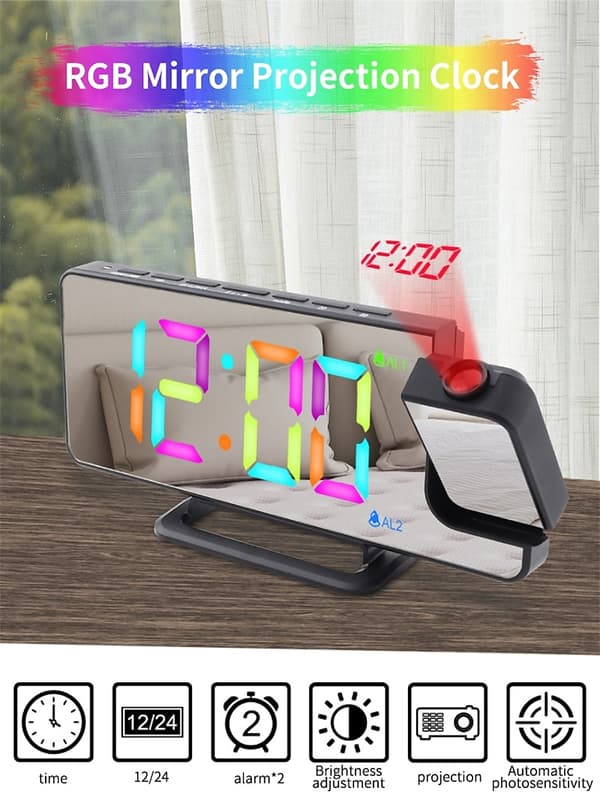 INF Vekkerklokke med RGB LED 180 graders roterbar projektorklokke Hvit