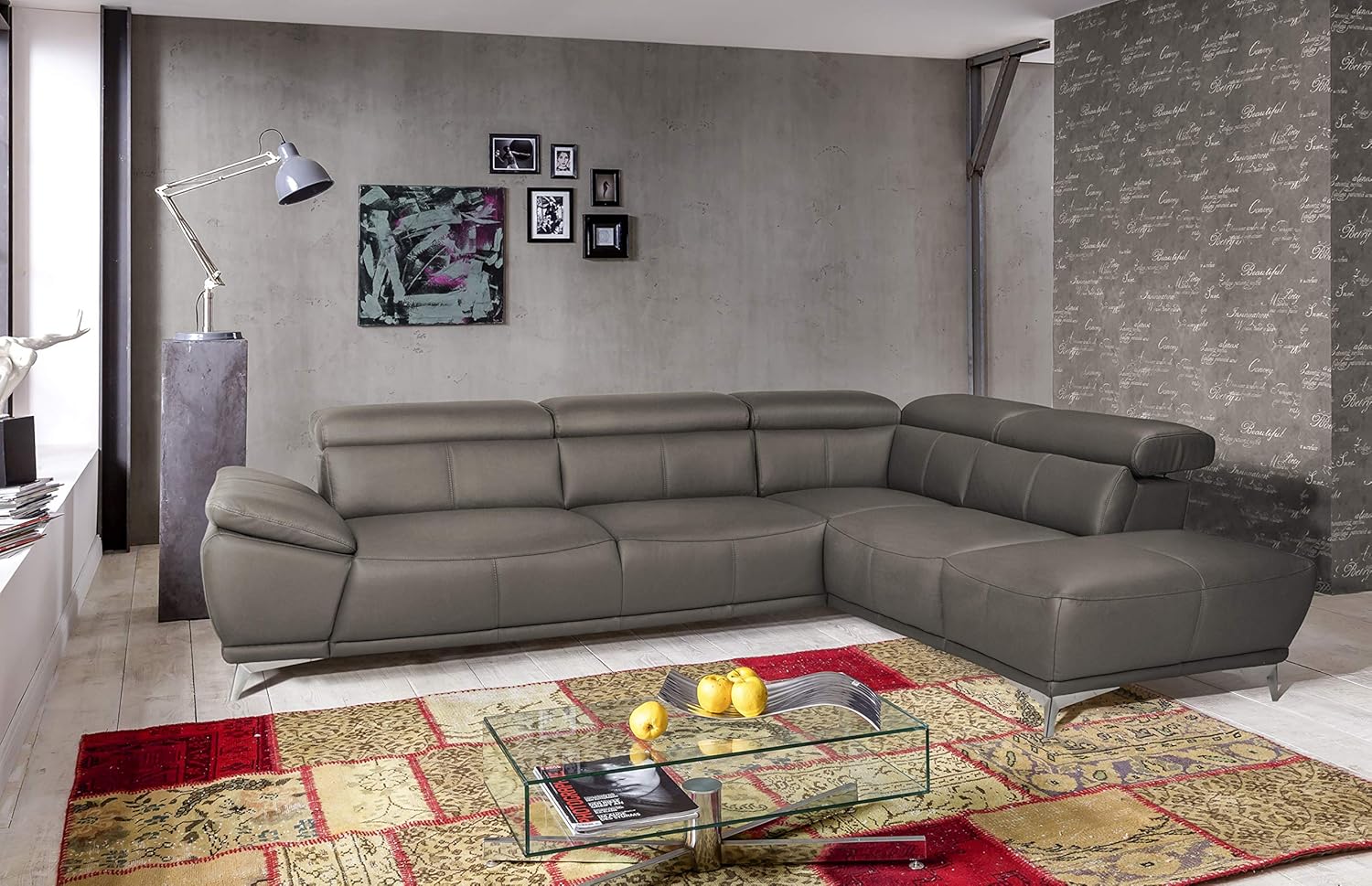 Mivano Ecksofa Felipe in Echtleder / Moderne Eckcouch mit verstellbaren Kopfstützen / 292 x 73 x 233 / Leder Fango (grau)