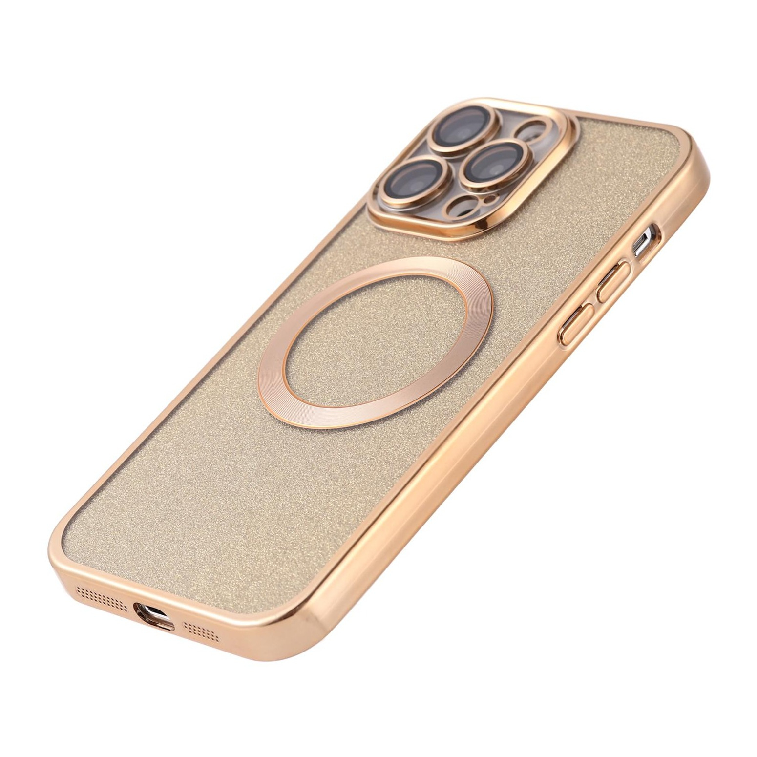 iPhone 14 Pro MagSafe Gummi Case Hülle mit Acryl Kameraglasschutz im Glitzer Design - Gold / Transparent