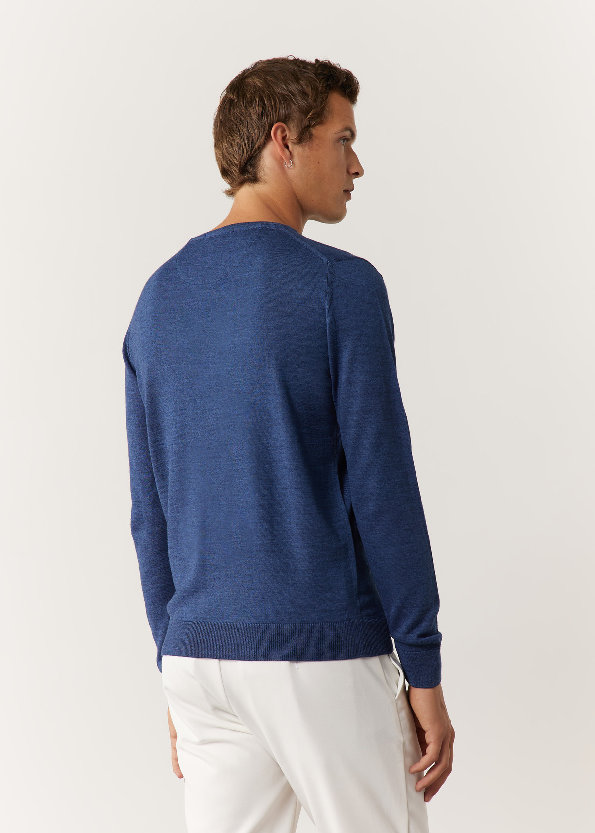 Pull col rond en laine Mérinos mélangée unie bleu chambray