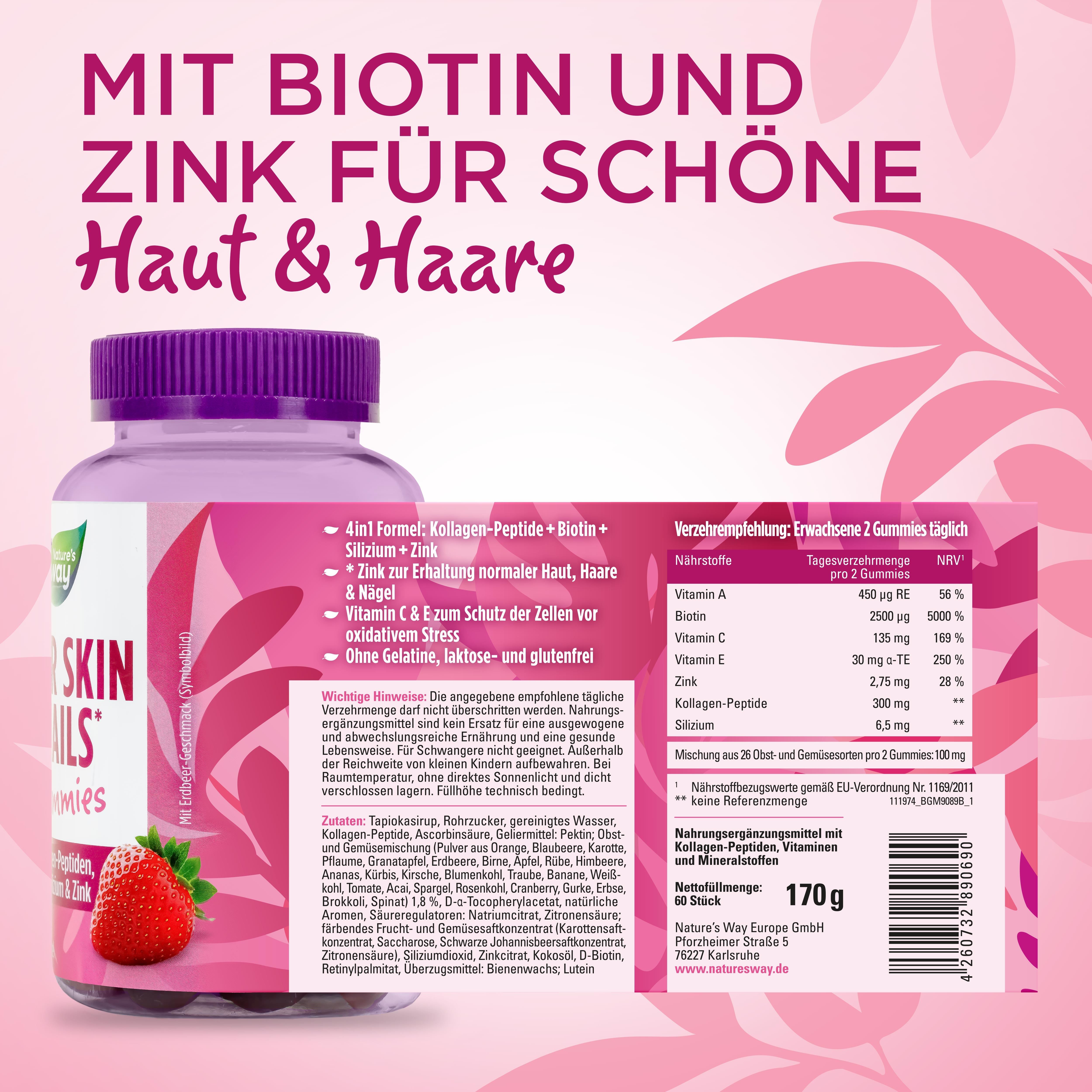 Nature's Way Hair Skin Nails Gummies - Biotin hochdosiert für Haarwachstum - mit Vitamin A, C, E