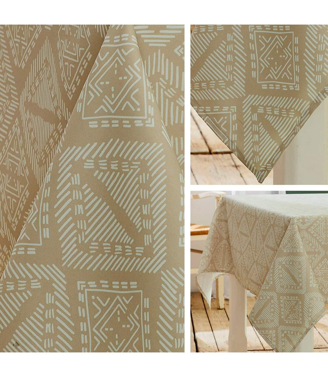 Nappe ronde 180 cm imprimée 100% polyester BOHO géométrique vert sauge