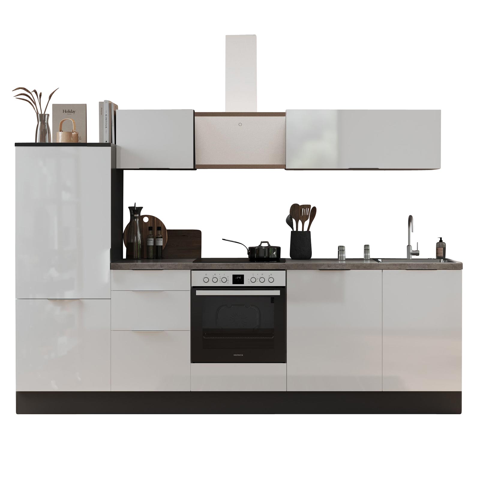 RESPEKTA Küchenblock - weiß Hochglanz - grau matt - mit E-Geräten - 280 cm