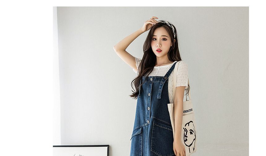 Happo - Gewassen halfknoops midi A-lijn overall denim jurk