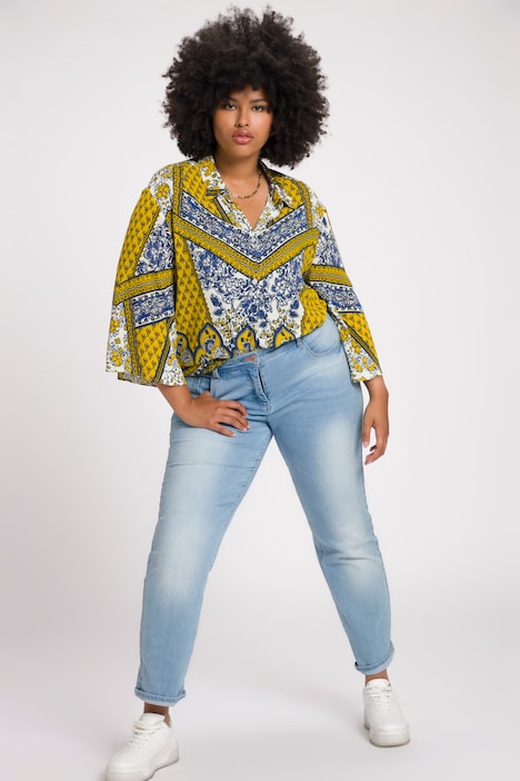 Bluse, Patchdruck, Oversized, Hemdkragen, Flügel-Halbarm