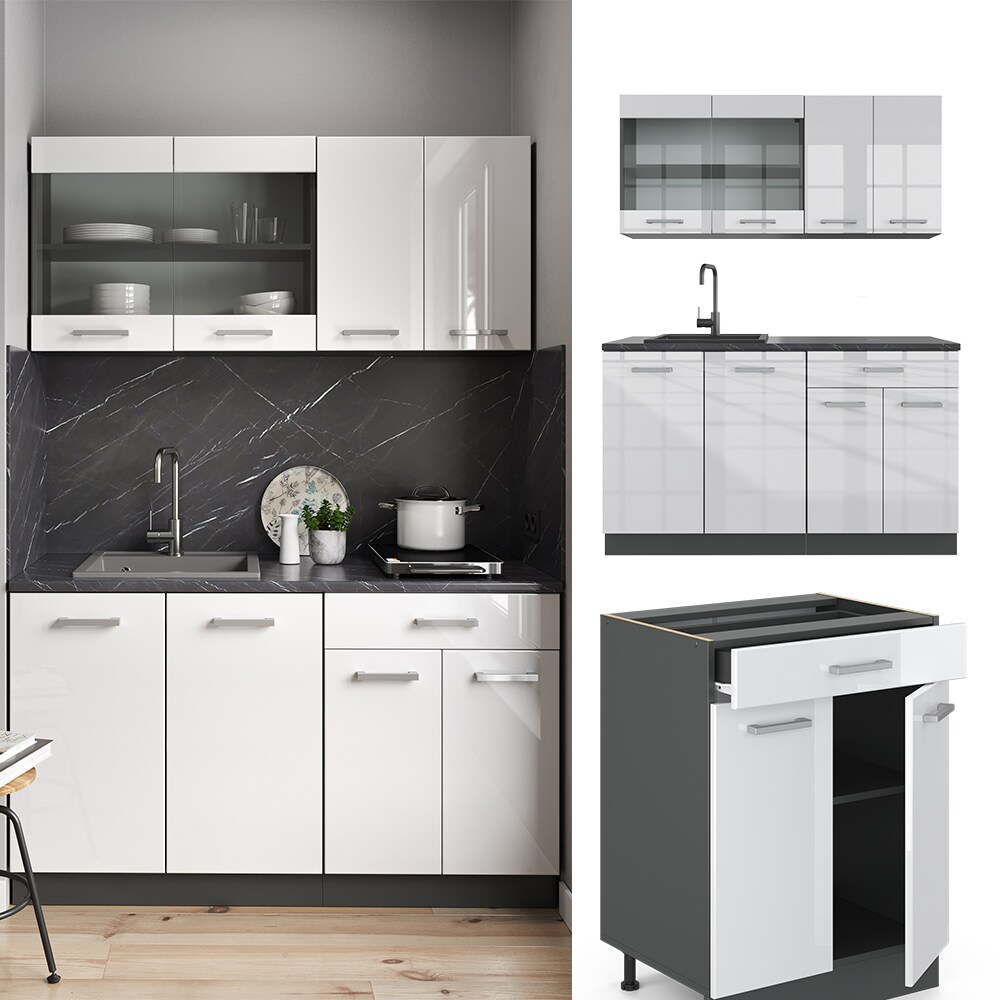 VICCO Küchenzeile R-LINE SINGLE Einbauküche 140 cm Küche Küchenblock Singleküche Anthrazit Weiß Hochglanz