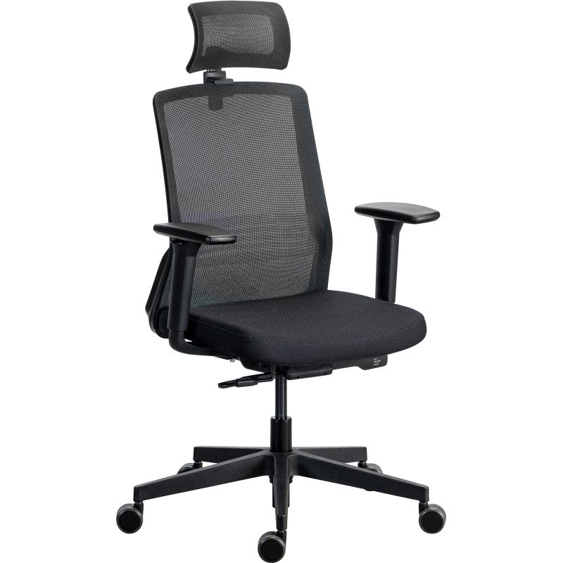 Chaise de bureau ergonomique COCO tissu et maille, avec accoudoirs 3D et appuie-tête, mécanisme synchrone, pieds noirs