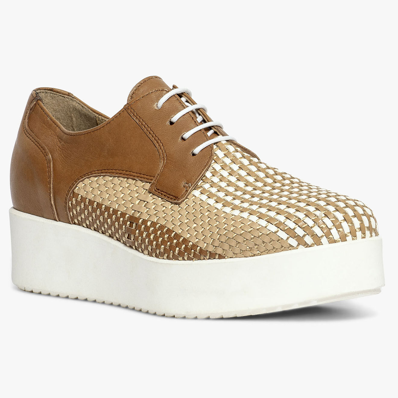 Bocage Derbies à plateforme en Cuir & Tissu tressé Lorenti cognac