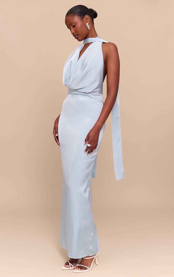 Bleu Layette Robe Longue Drapée En Satin À Col Bénitier