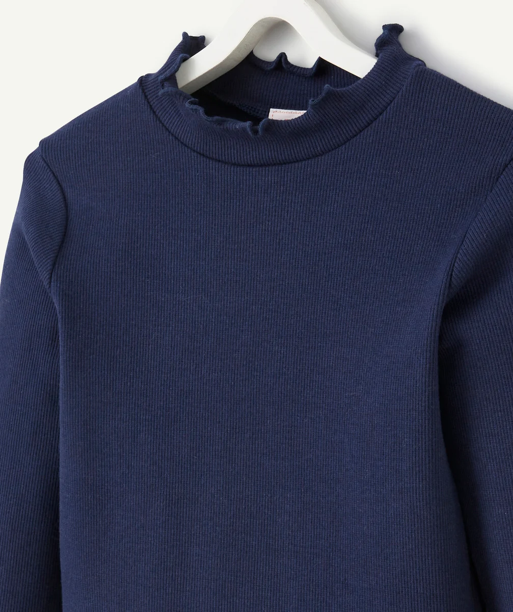 SOUS-PULL CÔTELÉ FILLE EN COTON BIO MARINE AVEC FESTONS