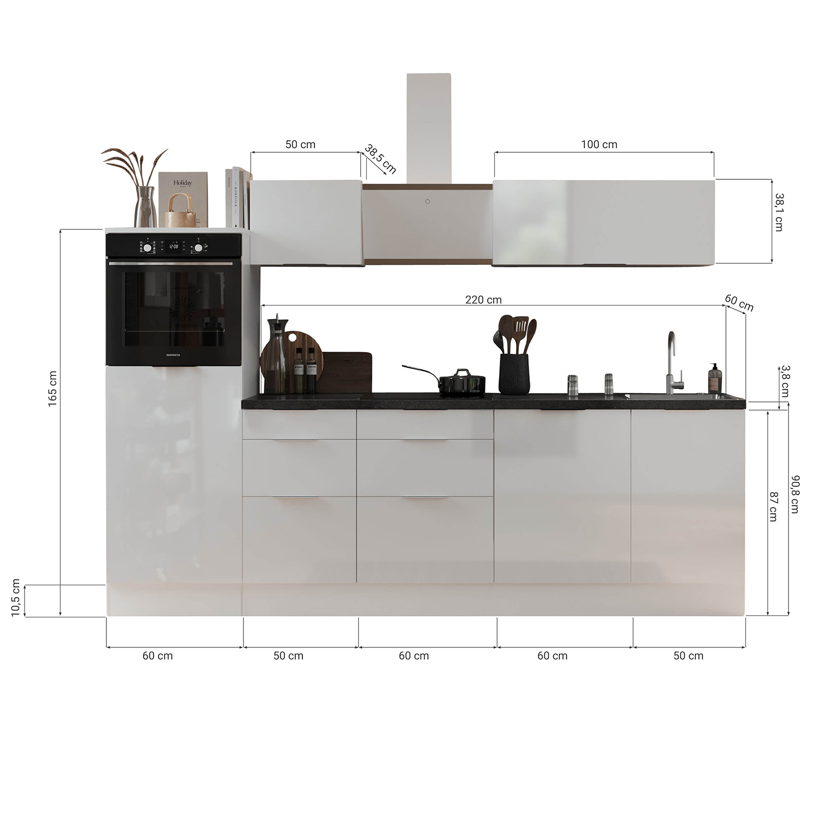 RESPEKTA Küchenblock - grau matt - Artisan Eiche - mit E-Geräten - 280 cm