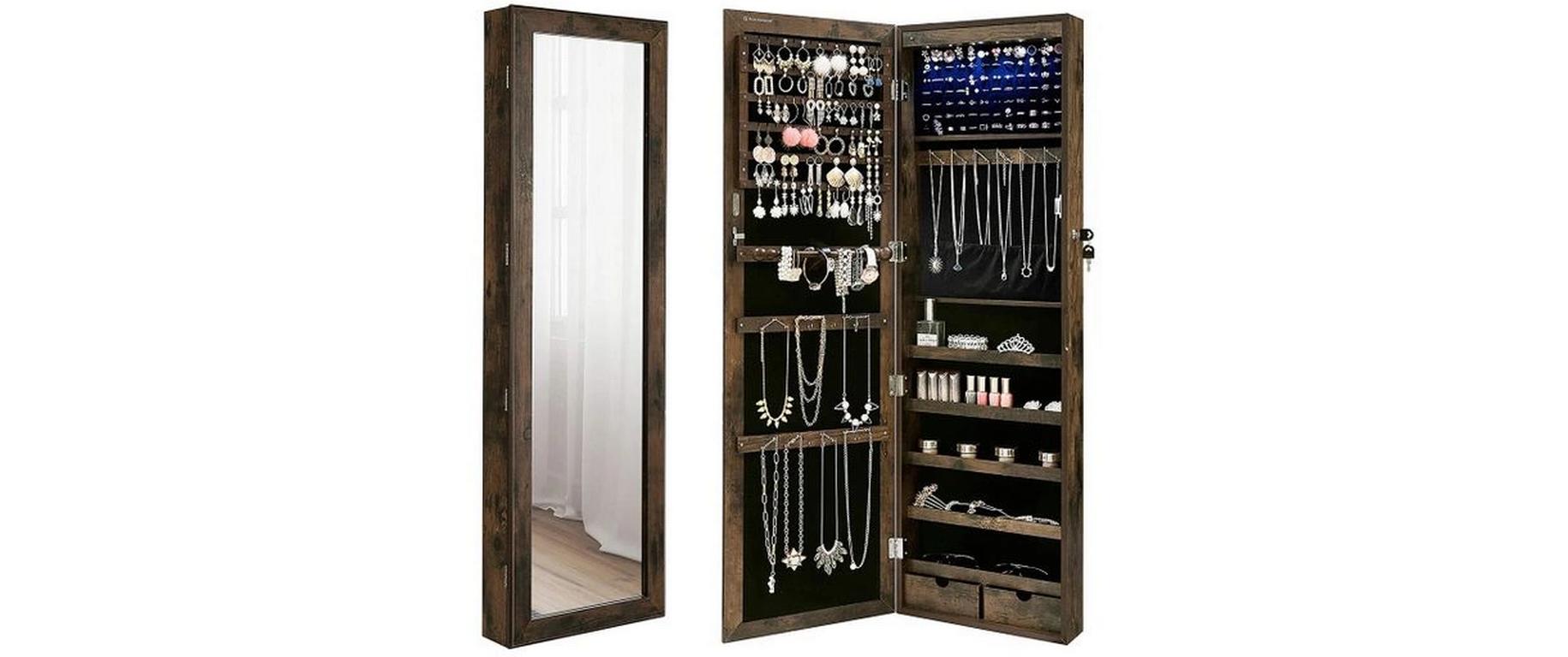 Schmuckhalter mit Spiegel 37 x 10 x 120 cm, Braun<br>Schmuckschrank