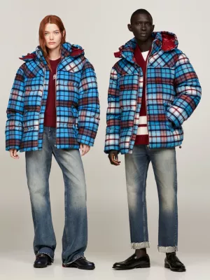Jaqueta puffer oversized xadrez tartan unissex estilo Nova York