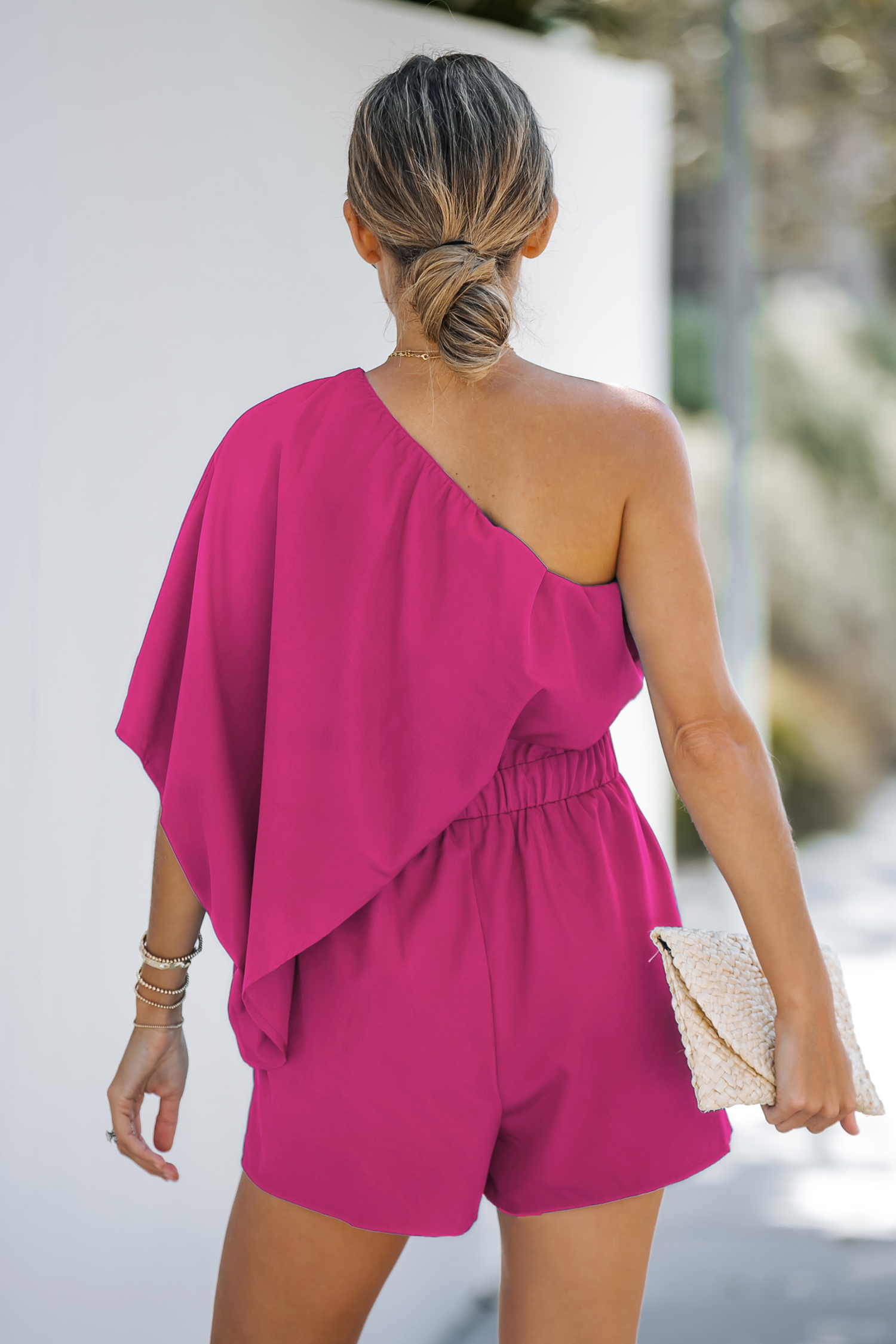 Combishort à une épaule et corsage drapé fuchsia