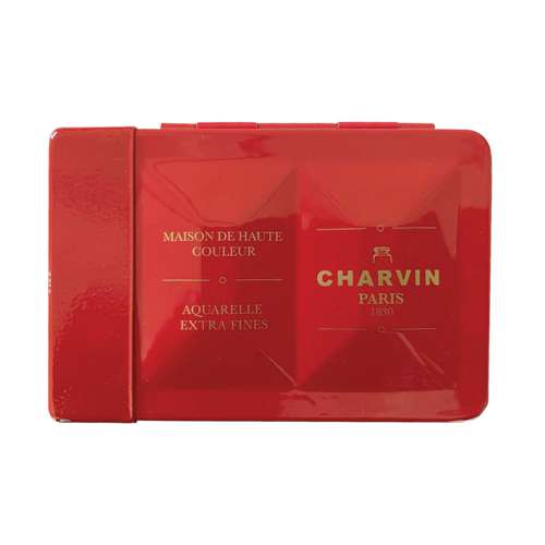 CHARVIN extrafeine Aquarellfarbe, 12 x 1/2 Näpf., Metallkasten mit Wassertank