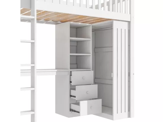 Lit en mezzanine, 90*200 cm, bureau, armoire, 3 tiroirs, rangement ouvert, balustrade, escalier, sans matelas, blanc